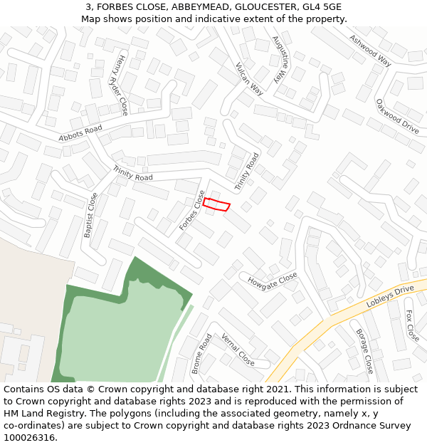 3, FORBES CLOSE, ABBEYMEAD, GLOUCESTER, GL4 5GE: Location map and indicative extent of plot