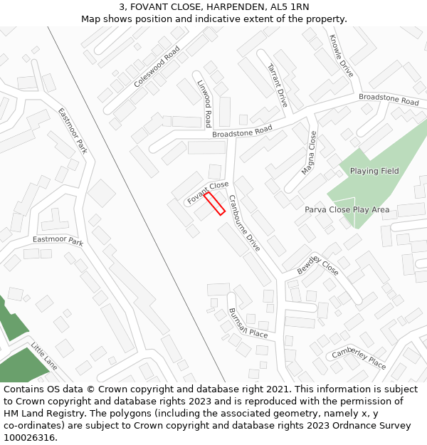 3, FOVANT CLOSE, HARPENDEN, AL5 1RN: Location map and indicative extent of plot