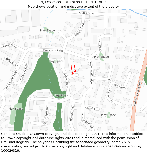 3, FOX CLOSE, BURGESS HILL, RH15 9UR: Location map and indicative extent of plot