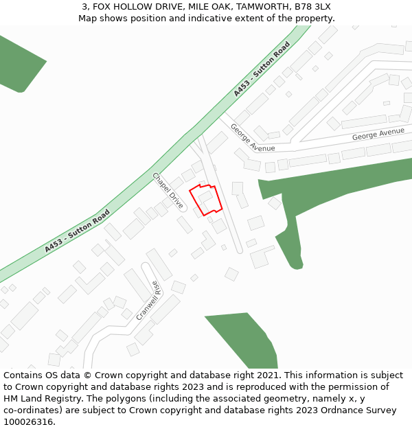 3, FOX HOLLOW DRIVE, MILE OAK, TAMWORTH, B78 3LX: Location map and indicative extent of plot