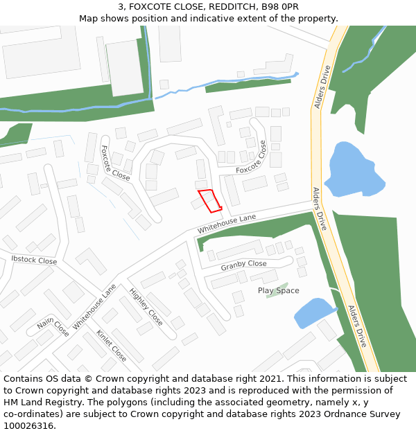 3, FOXCOTE CLOSE, REDDITCH, B98 0PR: Location map and indicative extent of plot