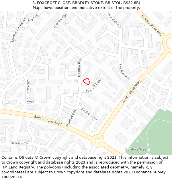 3, FOXCROFT CLOSE, BRADLEY STOKE, BRISTOL, BS32 8BJ: Location map and indicative extent of plot