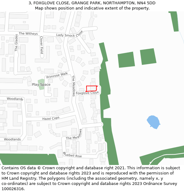 3, FOXGLOVE CLOSE, GRANGE PARK, NORTHAMPTON, NN4 5DD: Location map and indicative extent of plot
