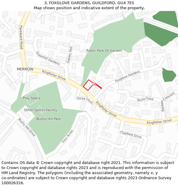 3, FOXGLOVE GARDENS, GUILDFORD, GU4 7ES: Location map and indicative extent of plot