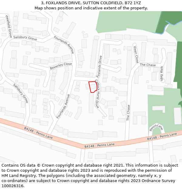 3, FOXLANDS DRIVE, SUTTON COLDFIELD, B72 1YZ: Location map and indicative extent of plot