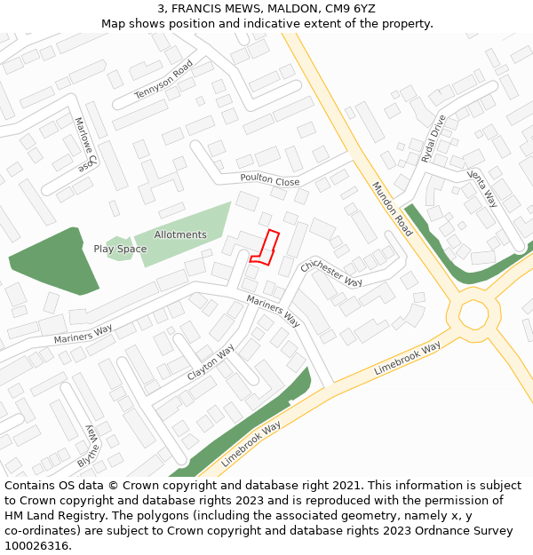 3, FRANCIS MEWS, MALDON, CM9 6YZ: Location map and indicative extent of plot