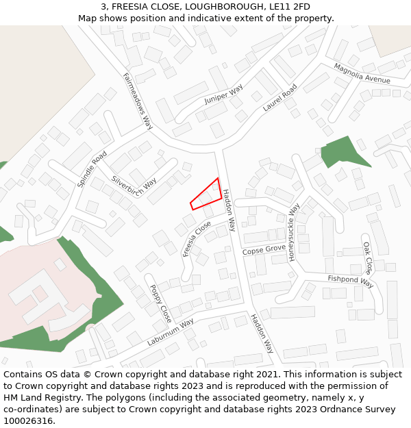 3, FREESIA CLOSE, LOUGHBOROUGH, LE11 2FD: Location map and indicative extent of plot