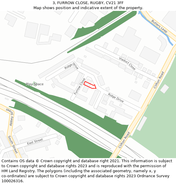 3, FURROW CLOSE, RUGBY, CV21 3FF: Location map and indicative extent of plot