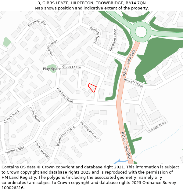 3, GIBBS LEAZE, HILPERTON, TROWBRIDGE, BA14 7QN: Location map and indicative extent of plot