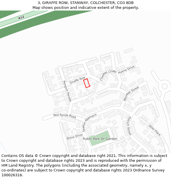 3, GIRAFFE ROW, STANWAY, COLCHESTER, CO3 8DB: Location map and indicative extent of plot