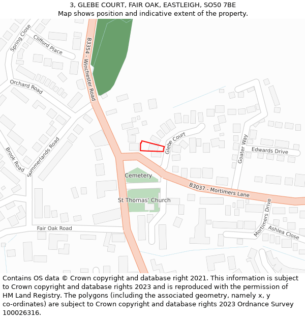 3, GLEBE COURT, FAIR OAK, EASTLEIGH, SO50 7BE: Location map and indicative extent of plot