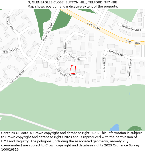 3, GLENEAGLES CLOSE, SUTTON HILL, TELFORD, TF7 4BE: Location map and indicative extent of plot