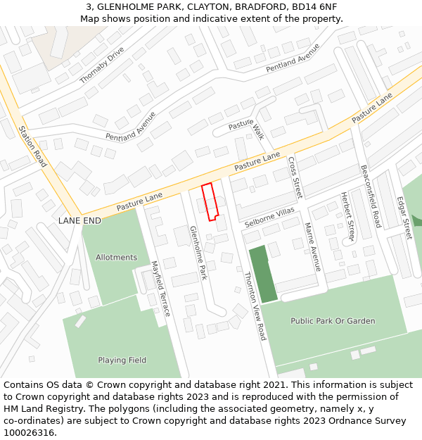 3, GLENHOLME PARK, CLAYTON, BRADFORD, BD14 6NF: Location map and indicative extent of plot