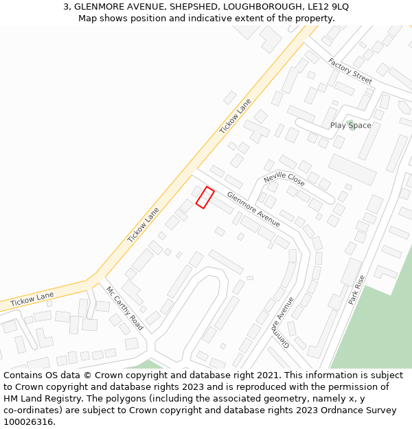 3, GLENMORE AVENUE, SHEPSHED, LOUGHBOROUGH, LE12 9LQ: Location map and indicative extent of plot