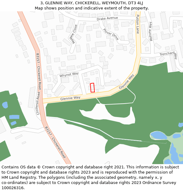 3, GLENNIE WAY, CHICKERELL, WEYMOUTH, DT3 4LJ: Location map and indicative extent of plot