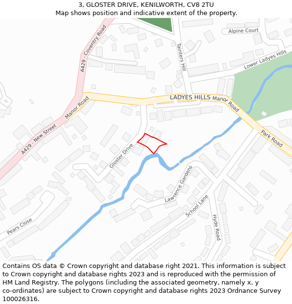 3, GLOSTER DRIVE, KENILWORTH, CV8 2TU: Location map and indicative extent of plot