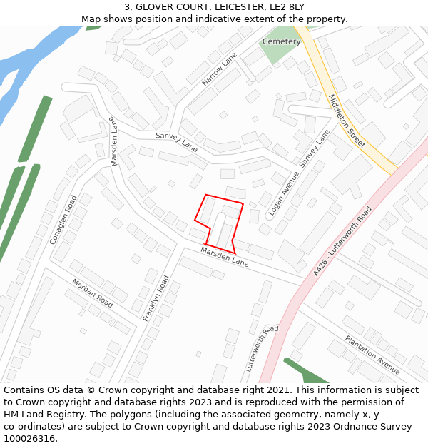 3, GLOVER COURT, LEICESTER, LE2 8LY: Location map and indicative extent of plot