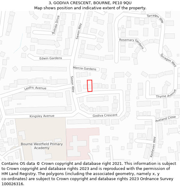 3, GODIVA CRESCENT, BOURNE, PE10 9QU: Location map and indicative extent of plot