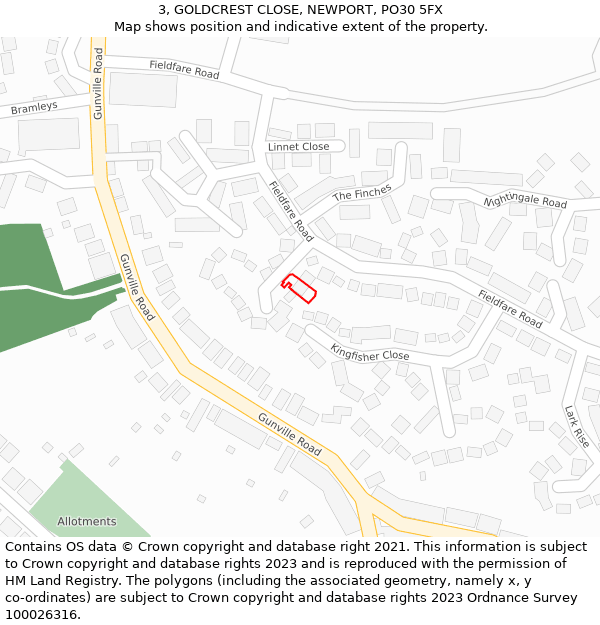 3, GOLDCREST CLOSE, NEWPORT, PO30 5FX: Location map and indicative extent of plot