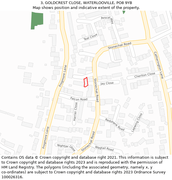 3, GOLDCREST CLOSE, WATERLOOVILLE, PO8 9YB: Location map and indicative extent of plot