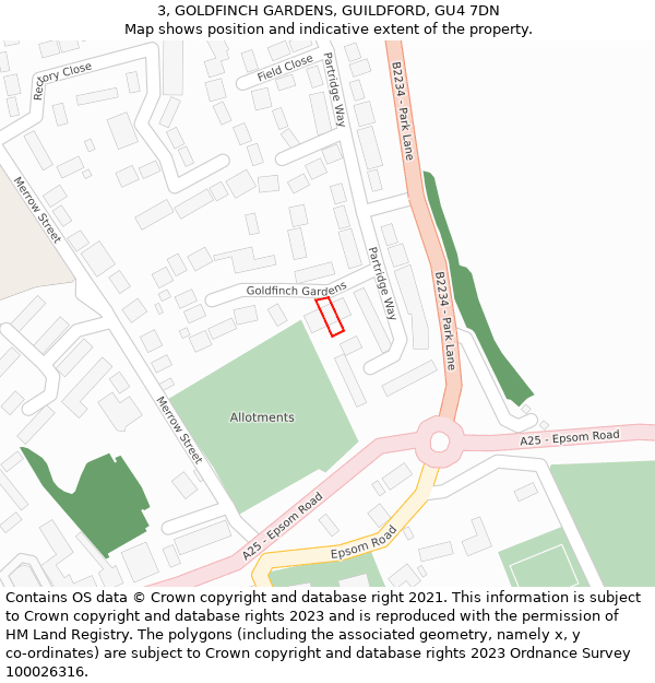 3, GOLDFINCH GARDENS, GUILDFORD, GU4 7DN: Location map and indicative extent of plot