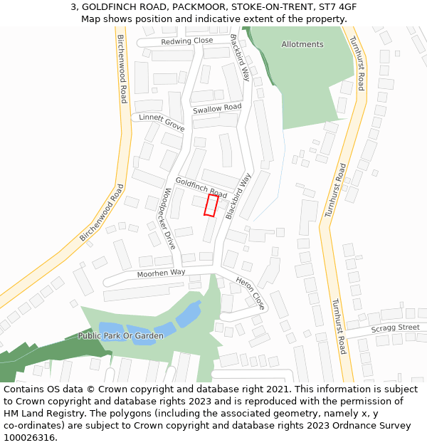 3, GOLDFINCH ROAD, PACKMOOR, STOKE-ON-TRENT, ST7 4GF: Location map and indicative extent of plot