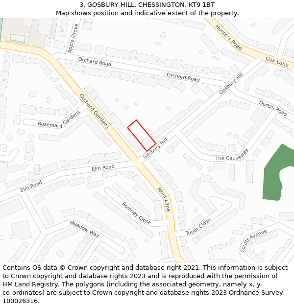 3, GOSBURY HILL, CHESSINGTON, KT9 1BT: Location map and indicative extent of plot