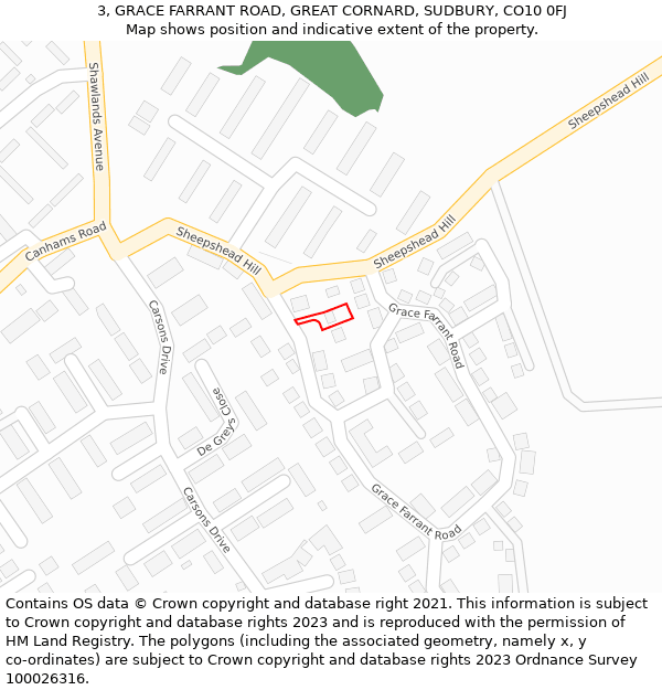 3, GRACE FARRANT ROAD, GREAT CORNARD, SUDBURY, CO10 0FJ: Location map and indicative extent of plot