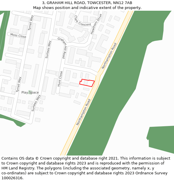 3, GRAHAM HILL ROAD, TOWCESTER, NN12 7AB: Location map and indicative extent of plot