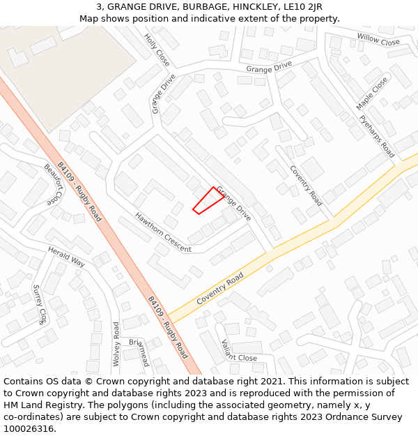 3, GRANGE DRIVE, BURBAGE, HINCKLEY, LE10 2JR: Location map and indicative extent of plot