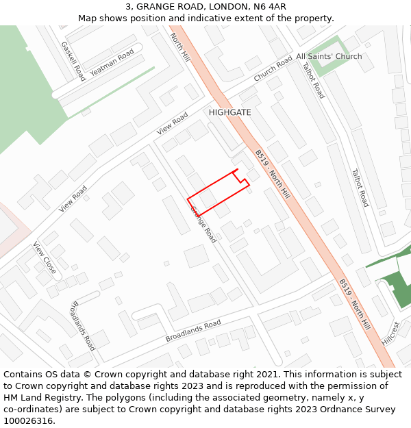 3, GRANGE ROAD, LONDON, N6 4AR: Location map and indicative extent of plot