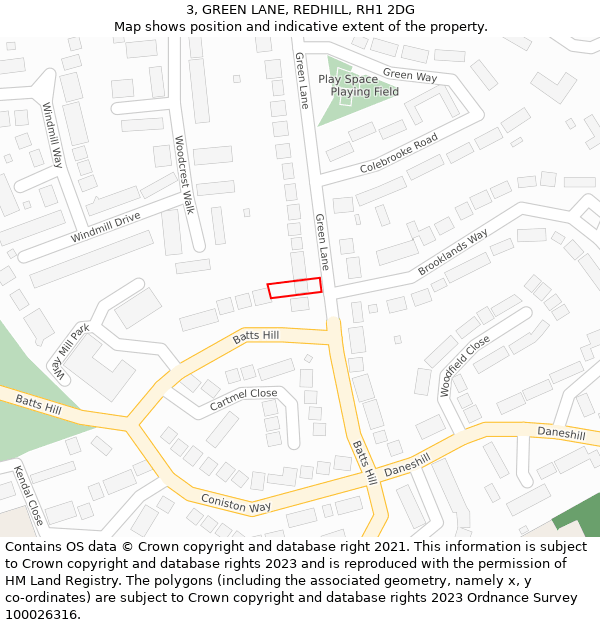 3, GREEN LANE, REDHILL, RH1 2DG: Location map and indicative extent of plot