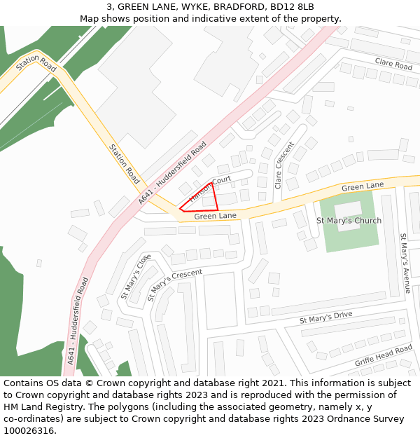 3, GREEN LANE, WYKE, BRADFORD, BD12 8LB: Location map and indicative extent of plot