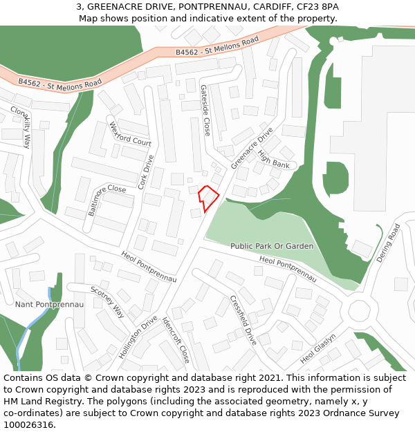3, GREENACRE DRIVE, PONTPRENNAU, CARDIFF, CF23 8PA: Location map and indicative extent of plot