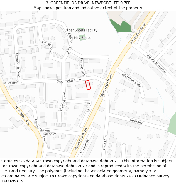 3, GREENFIELDS DRIVE, NEWPORT, TF10 7FF: Location map and indicative extent of plot