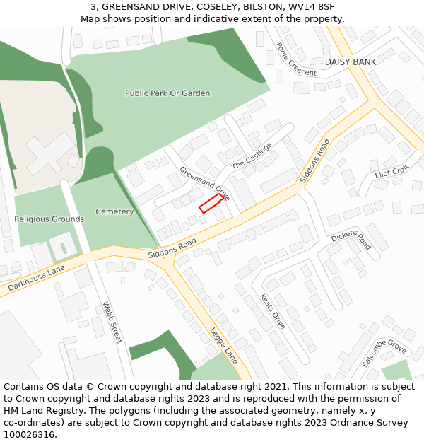3, GREENSAND DRIVE, COSELEY, BILSTON, WV14 8SF: Location map and indicative extent of plot