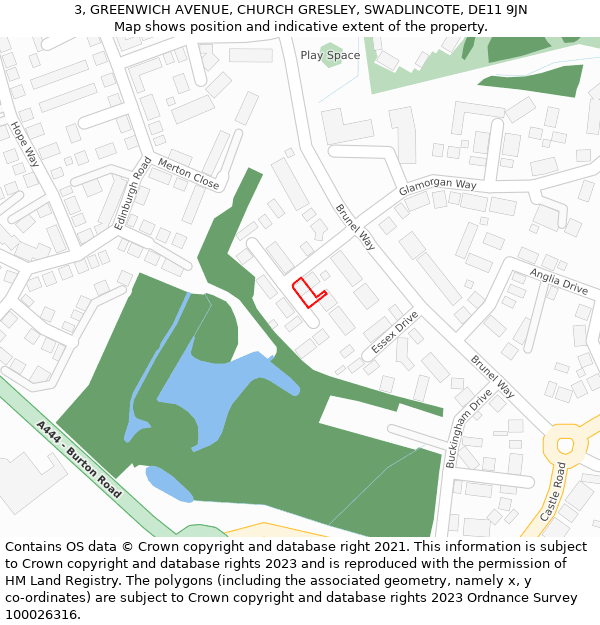 3, GREENWICH AVENUE, CHURCH GRESLEY, SWADLINCOTE, DE11 9JN: Location map and indicative extent of plot