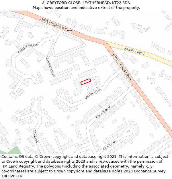 3, GREYFORD CLOSE, LEATHERHEAD, KT22 8DS: Location map and indicative extent of plot