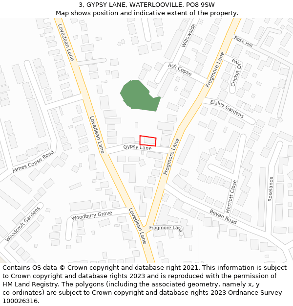 3, GYPSY LANE, WATERLOOVILLE, PO8 9SW: Location map and indicative extent of plot