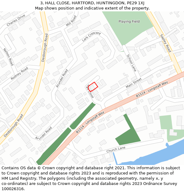 3, HALL CLOSE, HARTFORD, HUNTINGDON, PE29 1XJ: Location map and indicative extent of plot