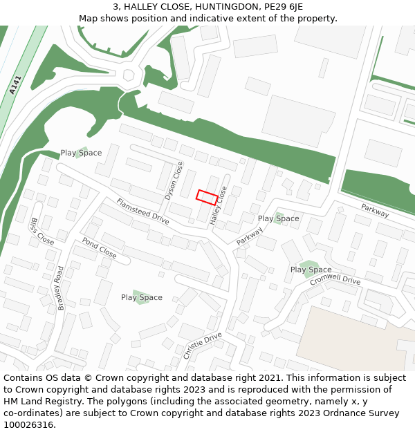 3, HALLEY CLOSE, HUNTINGDON, PE29 6JE: Location map and indicative extent of plot