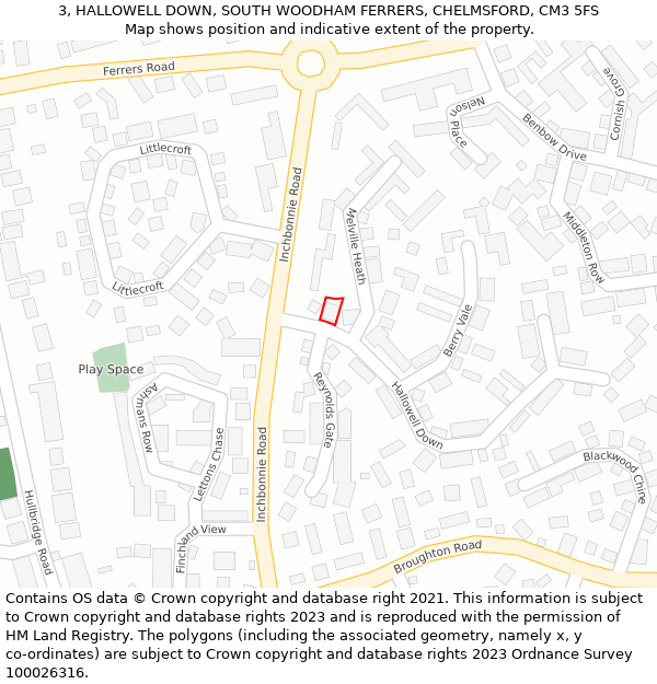 3, HALLOWELL DOWN, SOUTH WOODHAM FERRERS, CHELMSFORD, CM3 5FS: Location map and indicative extent of plot