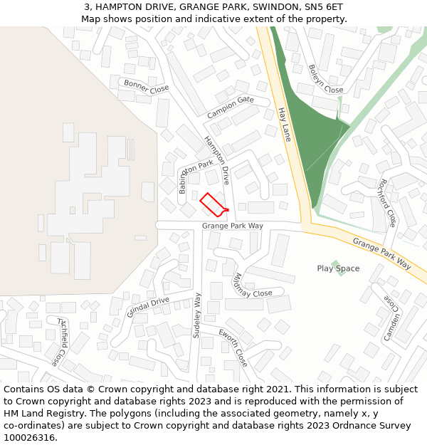 3, HAMPTON DRIVE, GRANGE PARK, SWINDON, SN5 6ET: Location map and indicative extent of plot