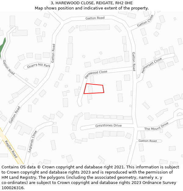 3, HAREWOOD CLOSE, REIGATE, RH2 0HE: Location map and indicative extent of plot