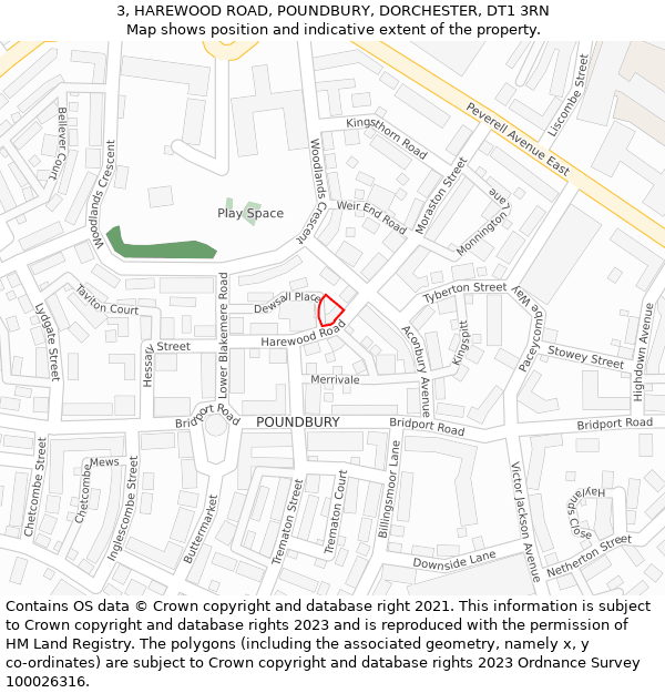 3, HAREWOOD ROAD, POUNDBURY, DORCHESTER, DT1 3RN: Location map and indicative extent of plot