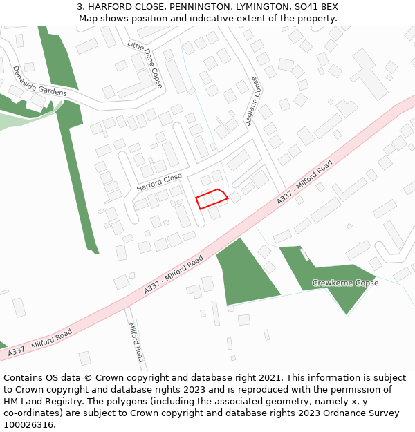 3, HARFORD CLOSE, PENNINGTON, LYMINGTON, SO41 8EX: Location map and indicative extent of plot