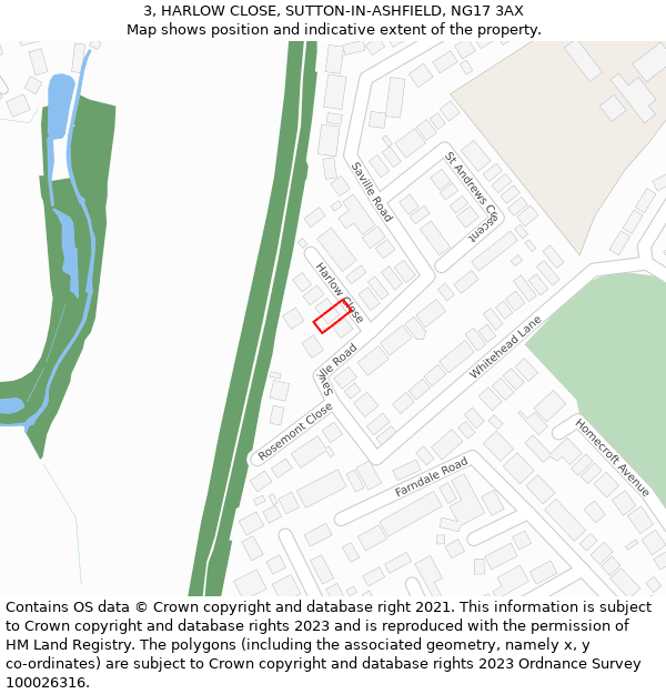 3, HARLOW CLOSE, SUTTON-IN-ASHFIELD, NG17 3AX: Location map and indicative extent of plot