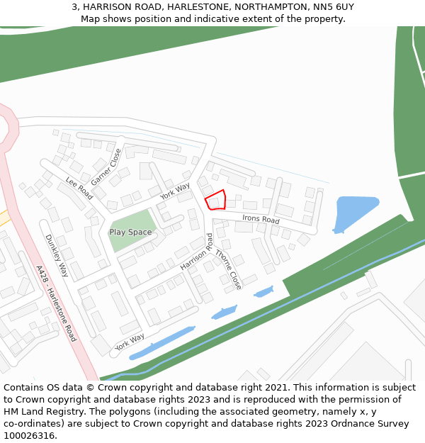 3, HARRISON ROAD, HARLESTONE, NORTHAMPTON, NN5 6UY: Location map and indicative extent of plot