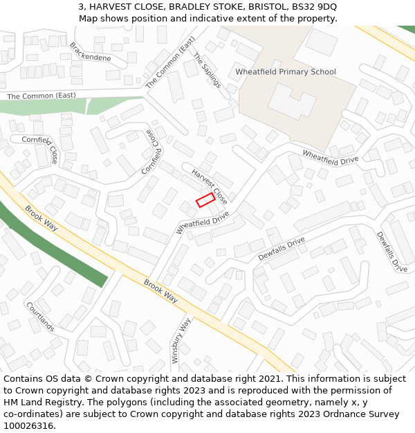 3, HARVEST CLOSE, BRADLEY STOKE, BRISTOL, BS32 9DQ: Location map and indicative extent of plot