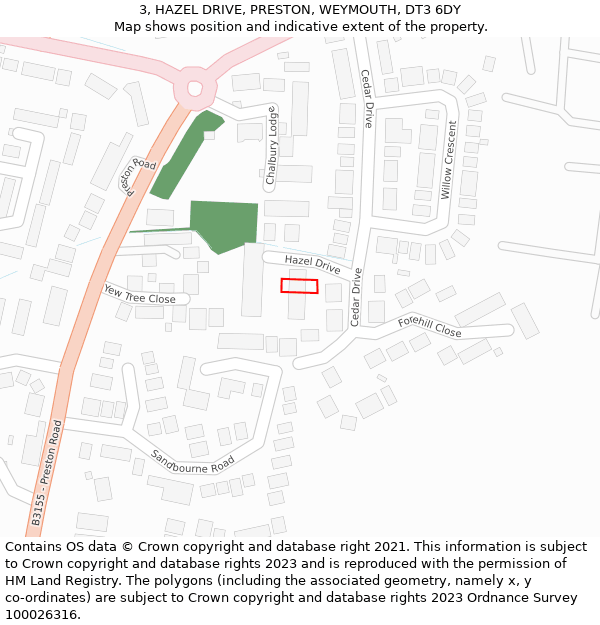 3, HAZEL DRIVE, PRESTON, WEYMOUTH, DT3 6DY: Location map and indicative extent of plot